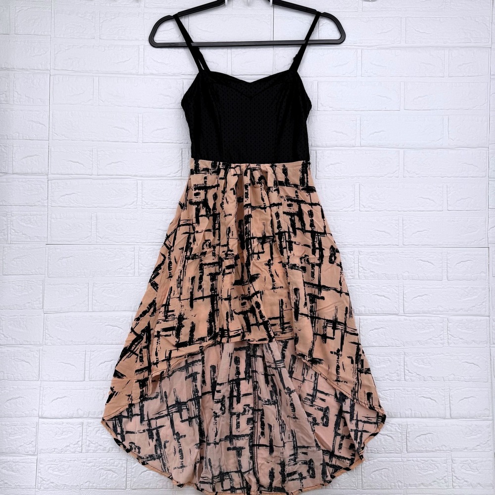 Material Girl High-Low Dress Womens Small Black Tan Abstract Perforated Bodice